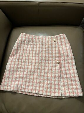 SHEIN Pink and White Tweed Pearl-Button Mini Skirt